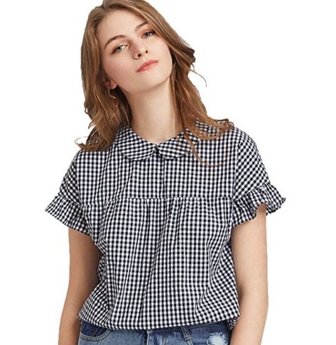 Peter Pan Collar Shirt, Babydoll Shirt, Babydoll Blouse, Gingham Tops, Vestido Casual, Kurta Designs, Pan Collar, Peter Pan Collar, Blouse Styles