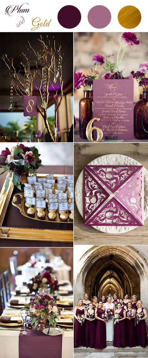 plum and gold glamour classic wedding color inspiration Plum Purple Wedding, Gold Place Setting, Purple And Gold Wedding, Wedding Color Scheme, Gold Wedding Colors, Plum Wedding, Wedding Colors Purple, Wedding Color Inspiration, Wedding Palette