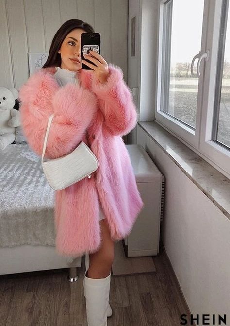 SHEIN ICON Notched Collar Fuzzy Thick Coat | SHEIN USA Pink Fur Coat Outfit, Grey Blazer Women, Light Pink Coat, Pink Faux Fur Coat, Pink Fur Coat, Fur Coat Outfit, Satin Coat, Shein Icon, Winter Photoshoot