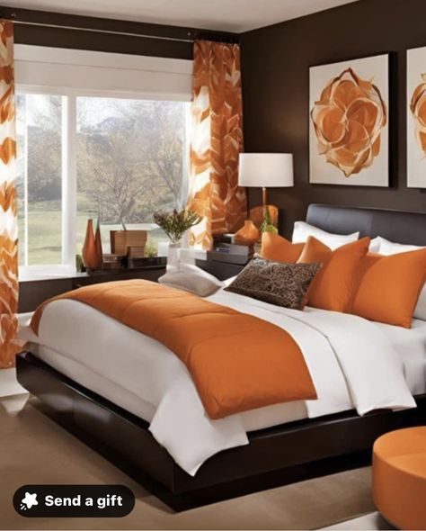 Brown And Burnt Orange Bedroom, Orange Decor Bedroom, Bedroom Interior Colour, Orange Bedroom Ideas, Bedroom Comforter Sets, Decor Ideas For Living Room, Bedroom Color Combination, Orange Bedroom, Classy Bedroom