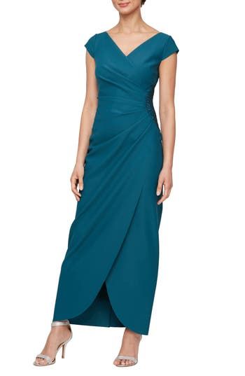 Unfussy gathers sweep this gown's faux-wrap bodice to one side, hiding imperfections while dazzling with glittery embellishments. 56" length (size 8). Back zip closure. Surplice neck. Cap sleeves. Unlined. 78% nylon, 22% spandex. Hand wash cold, dry flat. By Alex Evenings; imported. Special Occasion. Long Mesh Dress, Single Dress, High Low Gown, Mother Of Groom Dresses, One Shoulder Gown, Cap Sleeve Dress, Mob Dresses, Alex Evenings, Surplice Neckline