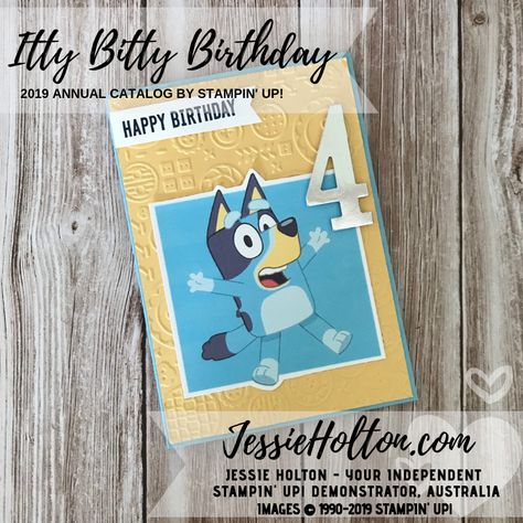 Happy birthday to Levi! One of Luke's little friends, who loves the Bluey TV show. I've also used the Itty Bitty Birthdays stamp set & the new Buttons Embossing Folder. Did you know that Whisper White cardstock is awesome to print on? http://www.jessieholton.com/2019/05/itty-bitty-birthdays-bluey-card.html #jessieholton #stampinup #stampinupaustralia #handmade #stamping #craft #crafttherapy #mumofboys #therapy #selfcare #youareenough Bluey Birthday Card Diy, Bluey Birthday Cards Handmade, Bluey Birthday Cards, Bluey Birthday Card, Birthday Cards For Boys, Birthday Card Template, Birthday Stamps, Card Making Kits, Cricut Cards