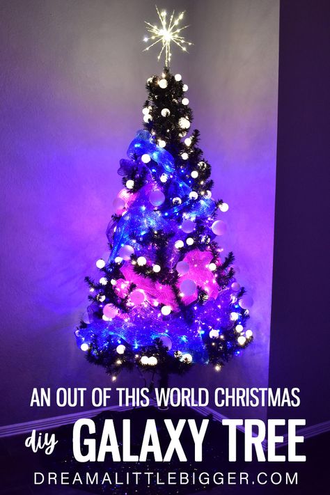 This DIY Galaxy Tree is so unique, it\'s out of this world! See how you can make a Christmas tree that is so unique, it\'s out of this world! Galaxy Theme Christmas Tree, Space Themed Christmas Tree, Galaxy Tree, Northern Lights Christmas Tree, Galaxy Christmas Tree, Space Ornaments Diy, Diy Galaxy, Diy Space, Galaxy Theme