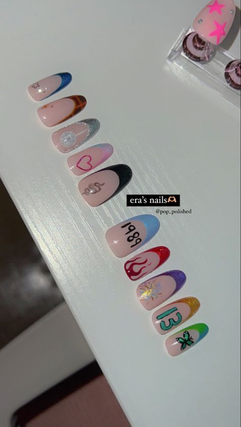 Nail Inspo For Eras Tour, Cute Taylor Swift Nail Ideas, Eras Tour Nail Ideas Debut, Taylor Swift Eras Tour Must Haves, Ears Tour Nail, Taylor Swift Lover Nails French Tip, Taylor Swift Eras Tour Nails French Tip, Taylor Swift Eras Tour Nails Ideas, Taylor Swift Album Inspired Nails