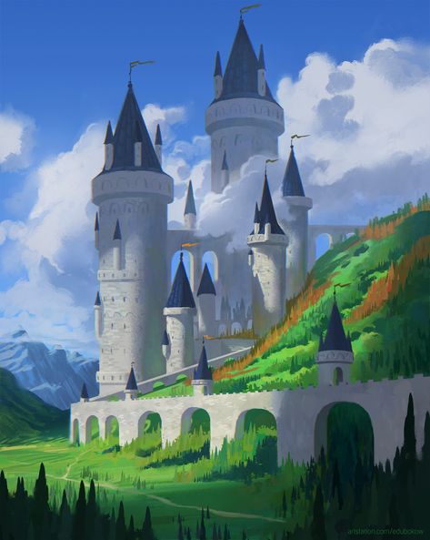 Fairytale Castle Art, Castle Illustration Fairytale, Castle Drawings, Castle Concept Art, Anime Castle, Castle Anime, Landscape Castle, Town Drawing, 3d Castle