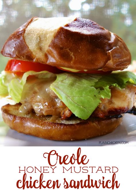 Creole Honey Mustard Chicken Sandwich | Plain Chicken® Cajun Sandwiches, Honey Mustard Chicken Sandwich, Pretzel Buns Sandwich, Pretzel Bun Recipe, Pretzel Sandwich, Sandwich Vegetarian, Recipes Sandwiches, Chicken Sandwich Recipe, Sandwiches Recipes