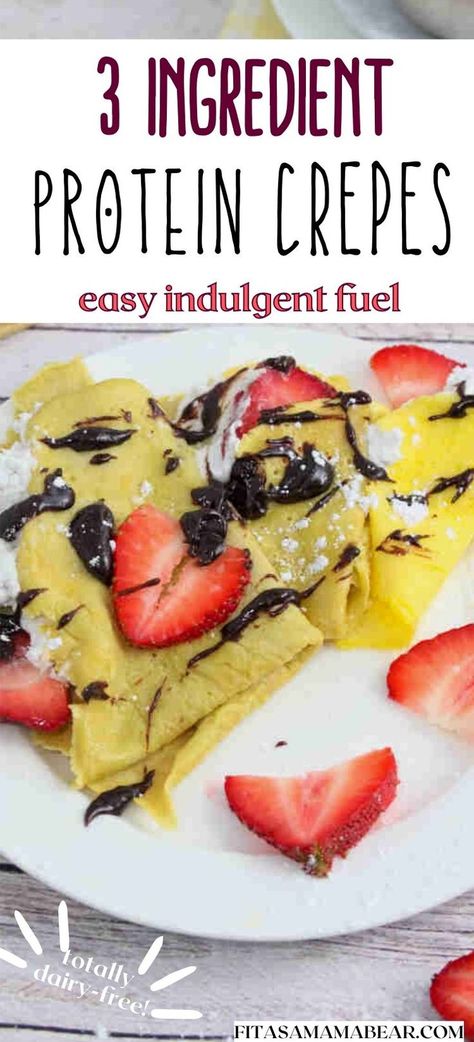 Protein crepes drizzled with chocolate on a white plate with strawberries on it and text above the image. Protein Crepes Recipe, Low Carb Crepes, Protein Crepes, Low Carb Crepe, Dairy Free Breakfast Recipes, Dairy Free Protein, Dairy Free Breastfeeding, Crepe Batter, Dairy Free Breakfasts