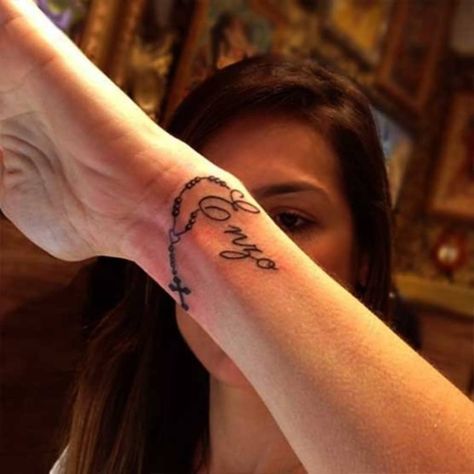 Rosary Tattoo Wrist, Rosary Bead Tattoo, Cross Tattoo On Wrist, Side Wrist Tattoos, Name Tattoos On Wrist, Rosary Tattoo, Full Tattoo, Cross Tattoos For Women, Cross Tattoos