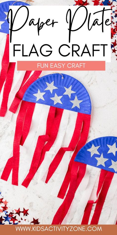 Turn a paper plate into an adorable Paper Plate Flag! This easy kids craft is perfect for Memorial Day and 4th of July. An easy Red, White and Blue craft that kids will have so much fun making this summer. Paper Plate Flag Craft, 4 Of July Projects For Kids, Paper Plate Flag, Kid Crafts For 4th Of July, 4 Of July Preschool Crafts, Memorial Day Kindergarten Crafts, 4th Of July Childrens Church Craft, Flag Day Preschool Activities, July Arts And Crafts For Toddlers