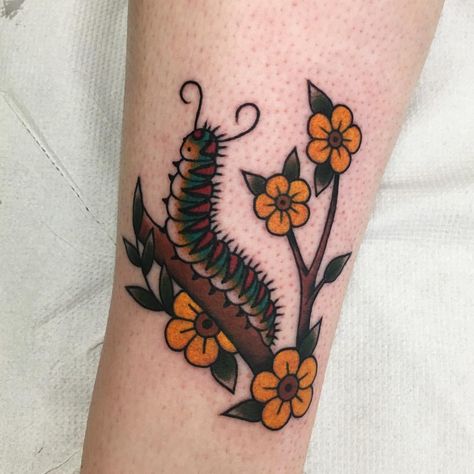 Small Simple Traditional Tattoo, American Traditional Insects, American Traditional Caterpillar Tattoo, Wooly Bear Caterpillar Tattoo, Fish Lady Tattoo, Vertical American Traditional Tattoo, Caterpillar And Butterfly Tattoo, Cute Caterpillar Tattoo, Fuzzy Caterpillar Tattoo