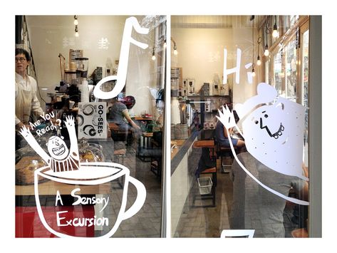 A Sensory Excursion on Behance Coffee Window Display, Coffee Shop Window Design, Coffee Window, Sticker Display, Japanese Restaurant Design, Bar Deco, Cafe Window, Window Signage, Window Mural