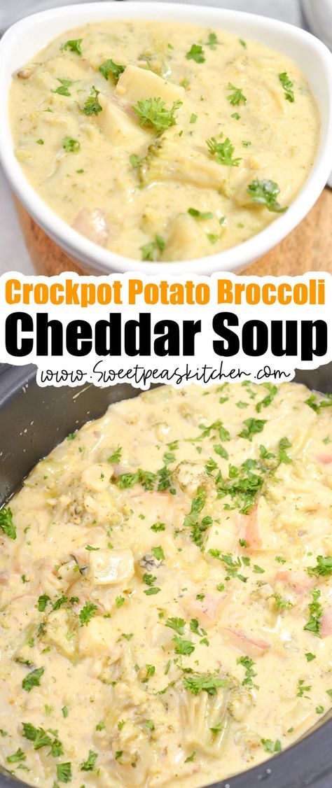 Broccoli Soup Crockpot, Potato Broccoli Cheddar Soup, Broccoli And Cheddar Soup, Potato Cheddar Soup, Crockpot Potato, Broccoli Potato Soup, Broccoli Potato, Potato Broccoli, Slow Cooker Broccoli