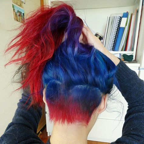 Red Blue Green Hair, Blue Phoenix Hair, Special Effects Hair Color, Red And Blue Ombre Hair, Red Blue Hair Color, Blue Flame Hair Color, Blue Red Hair Color, Red To Blue Ombre Hair, Blue Hair With Red Highlights