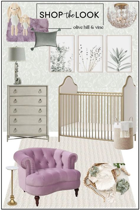 Imagine this mood board from Olive Hill & Vine serving as the guiding inspiration, transforming your nursery into a delightful haven curated especially for your little girl. Adorned with the soft sage green baby nursery wallpaper, the room blends harmoniously with the whimsical bunny aesthetic and pops of lavender, creating a serene and playful ambiance. Delicate botanical art prints further enhance the space with a touch of nature's elegance. Shop the look at olivehillandvine.com! Sage Green And Lavender, Shared Baby Rooms, Green Baby Nursery, Lilac Bedroom, Purple Girls Bedroom, Baby Nursery Wallpaper, Purple Nursery Girl, Lavender Nursery