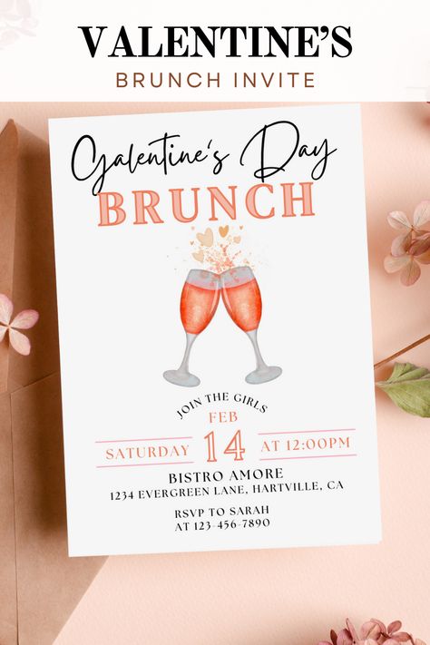 Planning a Galentine's Day bash? Our Canva-powered editable brunch invitation template is here to make it a breeze! Customize, create, and invite your gal pals to a fabulous celebration of friendship and fun! #galentines #galentinesbrunch #valentinesday #freindvalentinesparty #valentinesbrunch #mimosa Pink Friends, Valentines Brunch, Valentines Breakfast, Friends Valentines Day, Friends Valentines, Invitation Pink, Brunch Invitations, Brunch Party, Pink Invitations