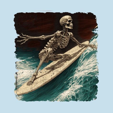 Surfing Skeleton, Surf Illustration, Surfboard Painting, Surfing Pictures, Surf Tshirt, Sketch Drawing, Drawing Ideas, Drawing Sketches, Surfboard