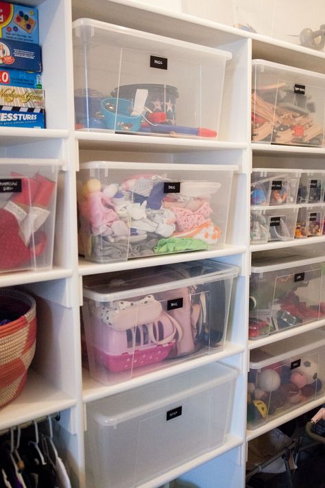 Playroom Closet Ideas, Small Toddler Bedroom, Large Playroom, Toy Closet Organization, Basement Closet, Playroom Closet, Large Toy Storage, Toy Room Organization, Deep Closet