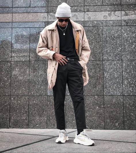 Adidas Yeezy 700 v2 Cream Outfit Street Style Men Fashion Grey Beanie Beige coat Black pants Yeezy 700 V2 Outfit Men, Adidas Yeezy Outfit, Cream Outfit, Adidas Yeezy 700, Yeezy Outfit, Outfit Street Style, Cream Coat, Outfit Street, Yeezy 700