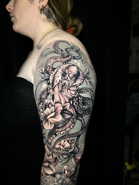 Black and grey tattoo design. Octopus half sleeve tattoo Octopus Half Sleeve Tattoo, Black And Grey Tattoo Design, Grey Tattoo Design, Black And Grey Tattoo, Grey Tattoo, Half Sleeve Tattoo, Sleeve Tattoo, Art Tattoos, Black And Grey Tattoos