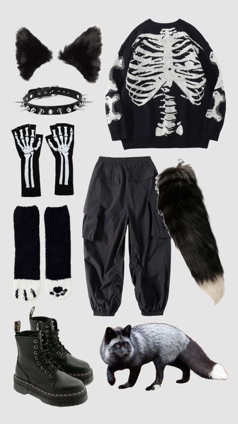 silver fox skeleton themed therian outfit ! #skeleton #outfit #therian #silverfox #silverfoxtherian Silver Fox Therian, Fox Skeleton, Skeleton Outfit, Fox Therian, Anime Cake, I Need Friends, Need Friends, Like Animals, Silver Fox