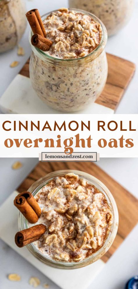 Cinnamon, rolled oats and brown sugar make these Cinnamon Roll Overnight Oats a delicious way to start your day. Only 5 minutes to prep, but the best part? This easy breakfast recipe is ready the next morning for you when you wake up! Add a drizzle of icing for even more cinnamon roll fun! Cinnamon Roll Overnight Oats, Lemon Zest Recipes, Overnight Oats Recipe Easy, Best Overnight Oats Recipe, Breakfast Oats Overnight, Protein Overnight Oats, Overnight Oatmeal Recipes, Oat Recipes Healthy, Easy Overnight Oats