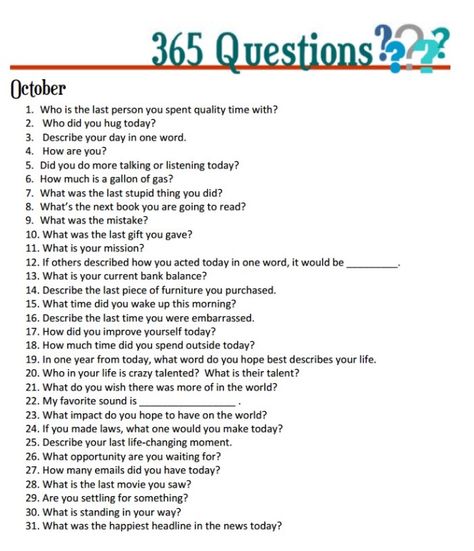 365 Questions, Journal October, 30 Day Writing Challenge, Deep Conversation Topics, Spiritual Questions, Questions For Kids, Basic English Sentences, Day Journal, Journal Questions