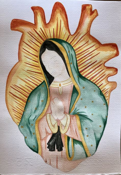 Paintings For Your Grandma, Virgen Mary Drawings, Virgin Mary Painting Easy, Catholic Painting Ideas, Mexican Art Traditional, Virgin Mary Drawing, Eclectic Paintings, Easy Disney Drawings, Mexican Culture Art