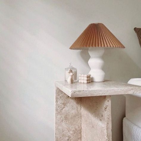 Travertine Side Table Bedroom, Travertine Side Tables, Travertine Bedside Table, Stone Bedside Table, Bed Side Table Styling, Side Table Decor Bedroom, Travertine Side Table, Stone Side Table, Travertine Table