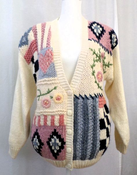 Vtg 80s Patchwork Cottagecore Granny Cardigan Sweater Shoulder Pads Margules Ramie Blend Size S  Korea Vtg 80s Patchwork Cottagecore Granny Cardigan Sweater Shoulder Pads Margules Ramie Blend Relaxed Oversized 80s Size S Made in Korea Unique, funky, warm & cozy, rad, cool one of a kind cardigan sweater, relaxed fit with large shoulder pads!  C O N D I T I O N In good pre-loved, vintage condition. Ready to wear, no issues other than some regular wear, sold as is. Being an item over 35 years old, Cardigan Cottagecore, Granny Cardigan, Granny Sweater, Puff Sleeve Cardigan, Patchwork Cardigan, S Korea, Black Chevron, Green Cardigan, Be Natural