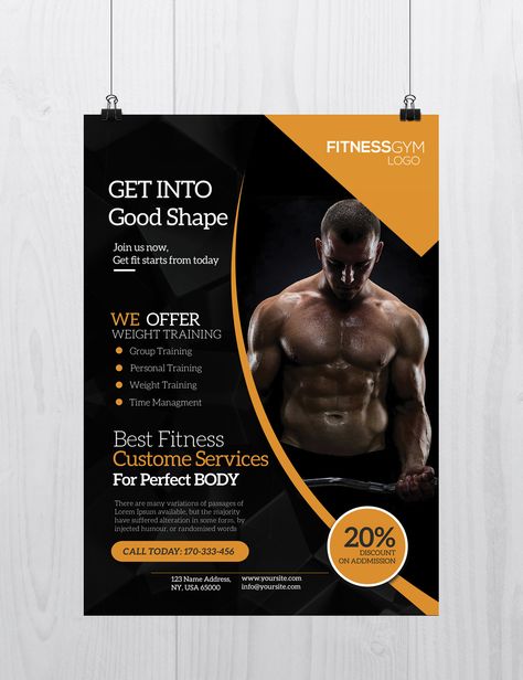 Tell your customers your new awesome offers by using this amazing Flyer Template. This photoshop flyer is unique and professional … Gym Offer Poster Design, Gym Ads, Gym Graphics, Gym Advertising, Sample Flyers, Promo Flyer, Photoshop Flyer, Get Into Shape, Fitness Flyer