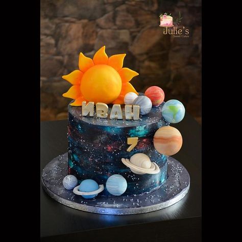 Universe cake by Julie's Sweet Cakes Planets Cake Ideas, Universe Birthday Cake, Planets Cake Birthday, Galaxy Smash Cake, Solar System Cakes For Kids, Space Theme Cake Kids, Universe Cake Ideas, Planet Birthday Cake, Solar System Birthday Cake