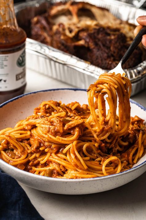 Pulled Pork Spaghetti, Leftover Pulled Pork Recipe, Pork Spaghetti, Leftover Pulled Pork Recipes, Bbq Spaghetti, Pulled Pork Leftover Recipes, Leftover Pulled Pork, Memphis Bbq, Vegetarian Barbecue