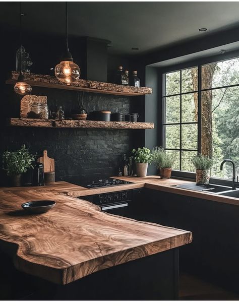 Dark Wood Kitchen Aesthetic, Moody Mountain Aesthetic Home, Dark Mountain House Aesthetic, House In The Forest Aesthetic Inside, Cabin In The Woods Aesthetic Dark Interior, Boho Bedroom Furniture, Classy Decor, Creative Home Decor, Kitchen Inspiration Design