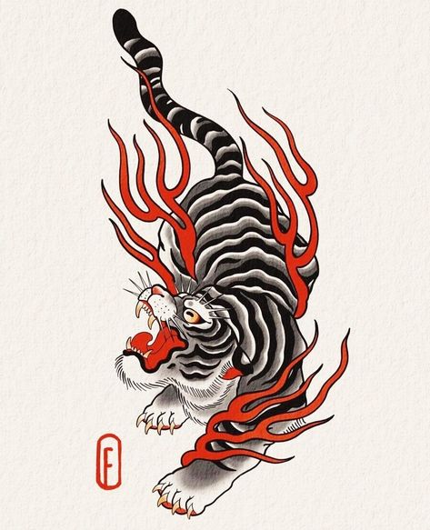 Tiger Flash Tattoo, Trad Tiger Tattoo, Japanese Flames Tattoo, Traditional Japanese Tiger Tattoo, Old School Tiger Tattoo, Japanese Tattoo Traditional, Tiger Traditional Tattoo, Japanese Tiger Tattoo Design, Tiger Japanese Tattoo