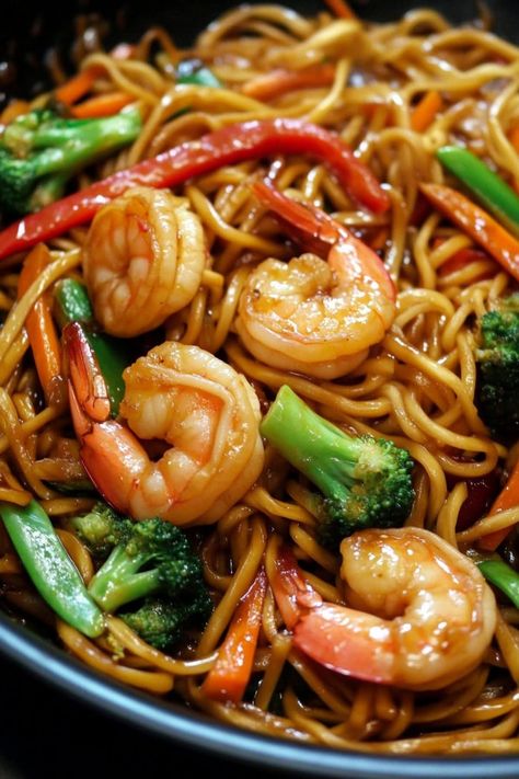 Skip takeout and make this shrimp stir-fry with noodles at home! It's savory, filling, and full of so much delicious flavor. Prawn Noodle Recipes Stir Fry, Shrimp Stir Fry Ramen Noodles, Best Shrimp Stir Fry Recipe, Shrimp With Broccoli Chinese, Prawn Stir Fry Noodles, Thai Noodle Stir Fry, Shrimp And Beef Stir Fry, Shrimp With Noodles Recipes, Shrimp Stir Fry Recipes Noodles