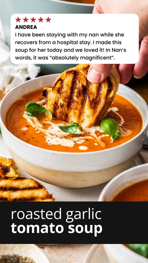 This roasted garlic tomato soup recipe is incredibly easy to make and it's packed with flavour. Rich and robust with a natural tang, it's a comforting classic! Whether you want to use up Summers bounty of ripe fresh tomatoes or you're just craving something hearty and warming, this Roasted Tomato Soup is the way to go. Incredibly easy, great for a dinner party starter or appetizer and it's also very freezer friendly.