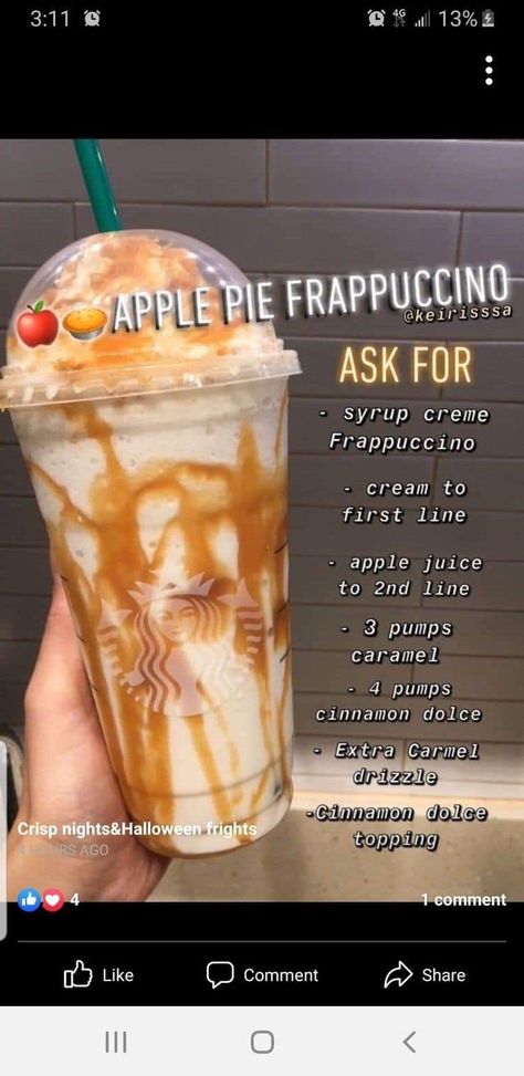 Special Starbucks Drinks, Starbucks Halloween Drinks, Apple Juice Drinks, Cold Starbucks Drinks, Secret Starbucks Recipes, Iced Starbucks Drinks, Coffee Recipes Starbucks, Apple Drinks, Secret Starbucks Drinks