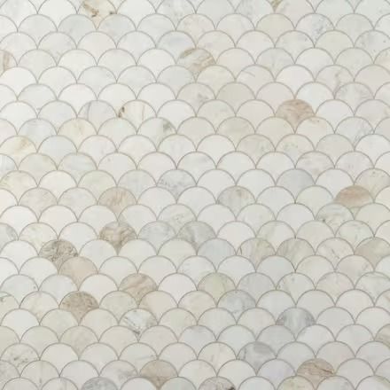 Bianco Orion 3 in. Fan Honed Marble Mosaic Bathroom Materials Board, Bianco Orion Marble Tile, Scallop Tile Bathroom, Scalloped Backsplash, Scallop Tile Backsplash, Salt Aesthetic, Scalloped Tile, Bianco Orion, White Marble Tile Bathroom