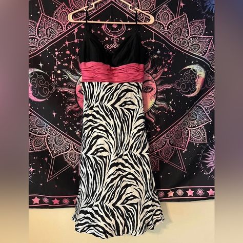 Vintage Y2K/Early 2000’s Sleeveless Zebra Print Formal Dress 2000 Prom Dress, Zebra Prom Dress, Mcbling Clothes, Print Formal Dress, 2000s Dresses, 2000s Prom Dress, Y2k Zebra Print, 2000s Prom, Clothes Room