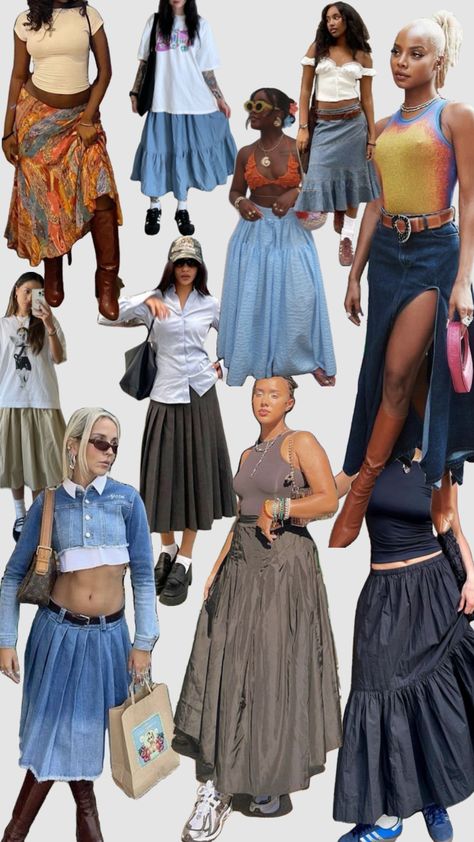 Midi/Maxi Skirt Summer Outfit Inspo Maxi Tiered Skirt Outfit, Long Patterned Skirt Outfit, 90s Maxi Skirt Outfit, Layered Skirt Outfit, Flowy Skirt Outfit, Midi Flowy Skirt, Skirt Summer Outfits, Thrift Outfits, Long Skirt Outfits For Summer