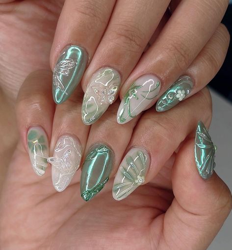 𓇗𓋼forest nymph 𐦍 Custom design for my client’s wedding nails 💚 ty for trusting me for your special day 🥰✨ #nailinspo #nails2inspire #chromenails #apresgelx #gelxnails #naildesign #fairycorenails #gardennails #naturenails #nailart #3dnails #trendynails #iridiscentnails #almondnails Medium Stiletto, Forest Nymph, Medium Coffin, Edgy Nails, Option B, Pretty Gel Nails, Luxury Nails, Body Skin Care Routine, Chrome Nails