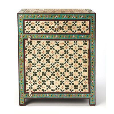 Add this accent cabinet as a great option for getting much-needed storage in a room without compromising on style. Crafted from solid Meranti wood and MDF, this piece features a single drawer and cabinet with coordinating hardware, in a hand painted primitive pattern for a Bohemian chic look. Use as chairside for your favorite lamp, or in the bedrom as night stand. Photo may slightly differ from actual item in terms of color/finish due to the lighting during photo shoot or the monitor's display. Green Nightstand, Retro Nightstand, Artsy Home, Painted Nightstand, Nightstand Brown, Meranti Wood, Nightstand Wood, Primitive Patterns, Painted Chest