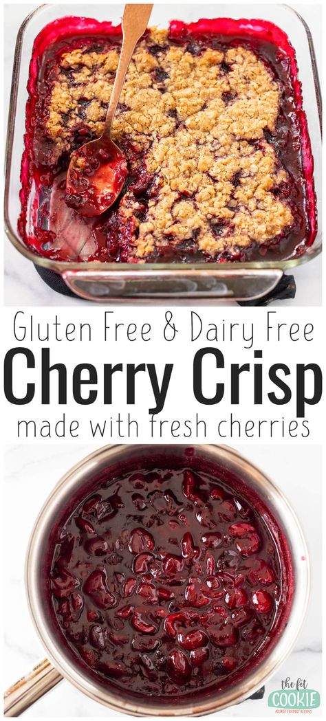 Our gluten free cherry crisp is a delicious way to use fresh, in-season cherries! The cherry filling also works great for pies, cheesecakes, ice cream, and more. This recipe is dairy free and peanut free as well. | thefitcookie.com Vegan Cherry Crisp, Gf Cherry Pie, Fresh Cherry Pie Filling Recipes, Gluten Free Cherry Recipes, Gluten Free Cherry Desserts, Cherry Recipes Fresh, Gluten Free Cherry Crisp, Cherry Recipes Gluten Free, Cherry Recipes Easy