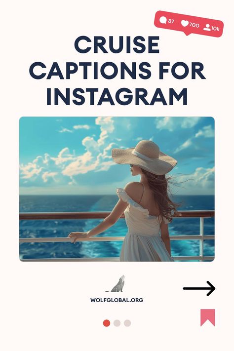 A woman in a sun hat looking out at sea from a cruise ship railing.
Graphic with checklist of playful nautical phrases and emojis, promoting vacation vibes.
Advertisement for an Instagram Engagement Pod offering likes and comments, with a smiling woman using a laptop. Set Sail, Best Cruise, Heartfelt Quotes, Instagram Captions, Puns, Float, Diving, Sailing, Swimming