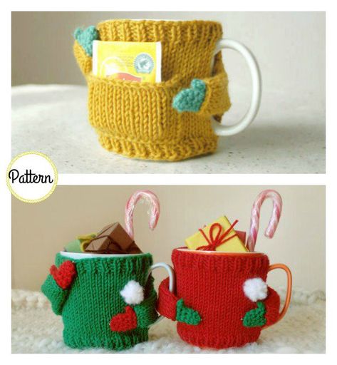 Cup Cozy Knitting Pattern, Knit Coffee Cozy, Mug Cozy Pattern, Mug Cover, Crochet Mug, Crochet Mug Cozy, Diy Tricot, Sweater Knitting Pattern, Crochet Cozy