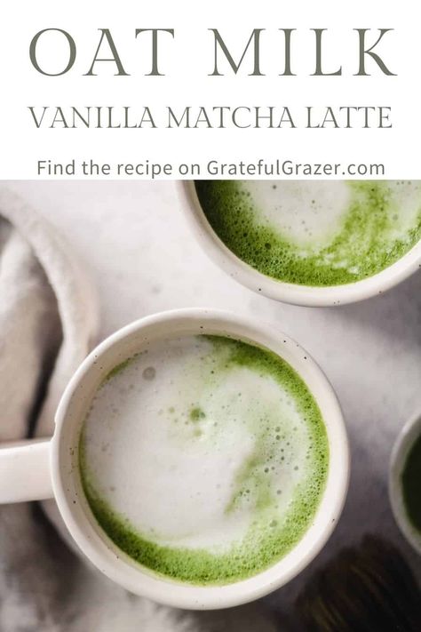 Say hello to your new favorite warm and cozy drink! Make this easy and delicious Vanilla Matcha Latte with just a few simple ingredients: matcha green tea, vanilla, and oat milk (or any type of milk you have on hand). It's so easy, you'll never want to make the trip to the coffee shop again! #GratefulGrazer #matchalatte #greentealatte #matcharecipes #matcha #oatmilk Green Tea Latte Recipe, Matcha Tea Recipes, Matcha Drink Recipes, Matcha Green Tea Recipes, Tea Latte Recipe, Matcha Latte Recipe, Matcha Green Tea Latte, Green Tea Recipes, Matcha Drink