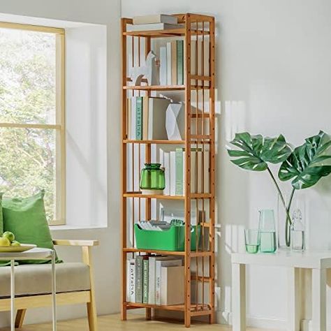 MoNiBloom Tall 6 Tier Bookshelf, Bamboo Multifunction Free-Standing Narrow Storage Bookcase Display Shelf in Living Romm Home Office, Natural Living Romm, Bamboo Bookshelf, Narrow Storage, Cube Storage Shelves, Storage Bookcase, Bookcase Display, Tall Bookcase, Modern Bookshelf, Etagere Bookcase