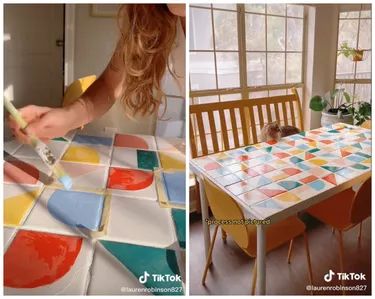 Ikea Dining Tables, Painted Tile Table, Quirky Dining Table, Diy Painted Dining Table, Tile Dining Room Table, Painted Dinner Table, Maximalist Dining Table, Dining Table Hack, Ikea White Dining Table