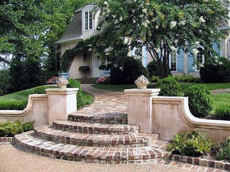 Front Yard Walkway, Brick Steps, Walkway Design, Brick Walkway, Patio Steps, Front Walkway, Hardscape Design, Path Design, Front Yard Garden Design