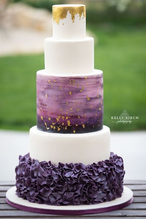 25 a unique modern wedding cake with a purple ruffle layer, white layers, an ombre purple gold leaf layer and a gold leaf top layer - Weddingomania Purple And Gold Wedding, Wedding Cake Ombre, Purple Wedding Cakes, Purple Cakes, Quinceanera Ideas, Ombre Wedding, Tiered Cake, White Wedding Cakes, Modern Wedding Cake